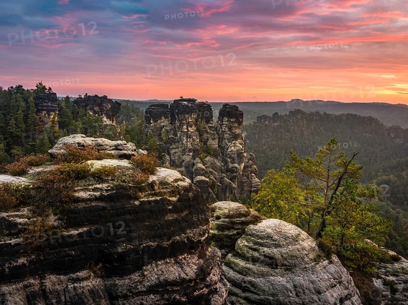 Schrammsteine around the Bastei at sunrise
