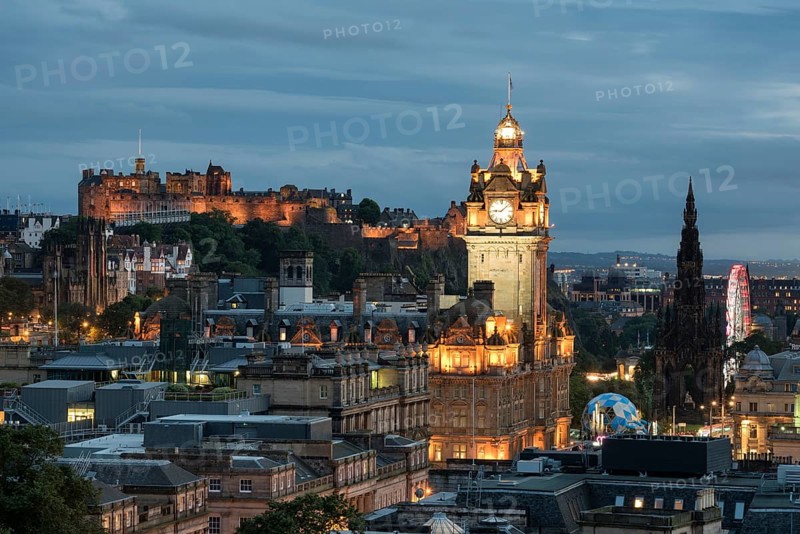 View of historic centre of Edinburgh with Balmoral Hotel tower and Edinburgh Castle