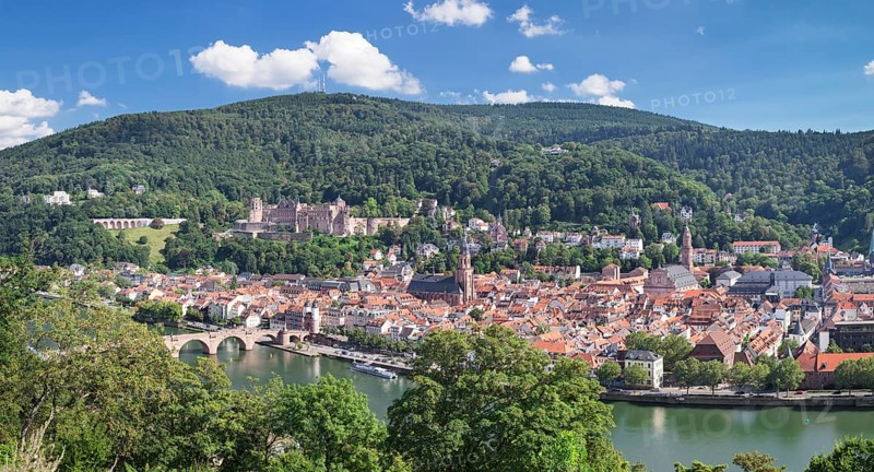 View of historic centre with Karl Theodor Bridge and castle from the Philosopher's Walk in Heidelberg