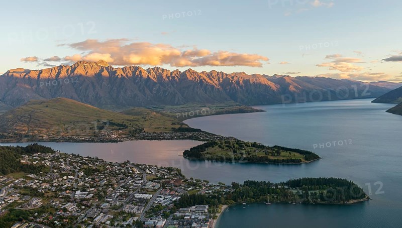 View of Lake Wakatipu and Queenstown at sunset