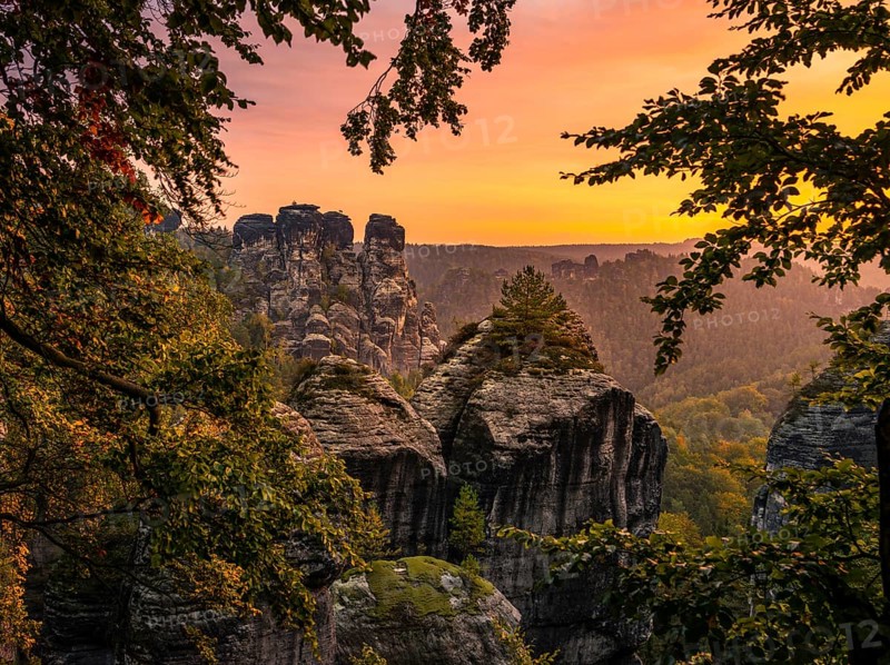 Schrammsteine around the Bastei at sunrise