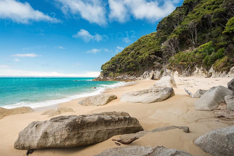 Rocks on sandy beach with tropical vegetation