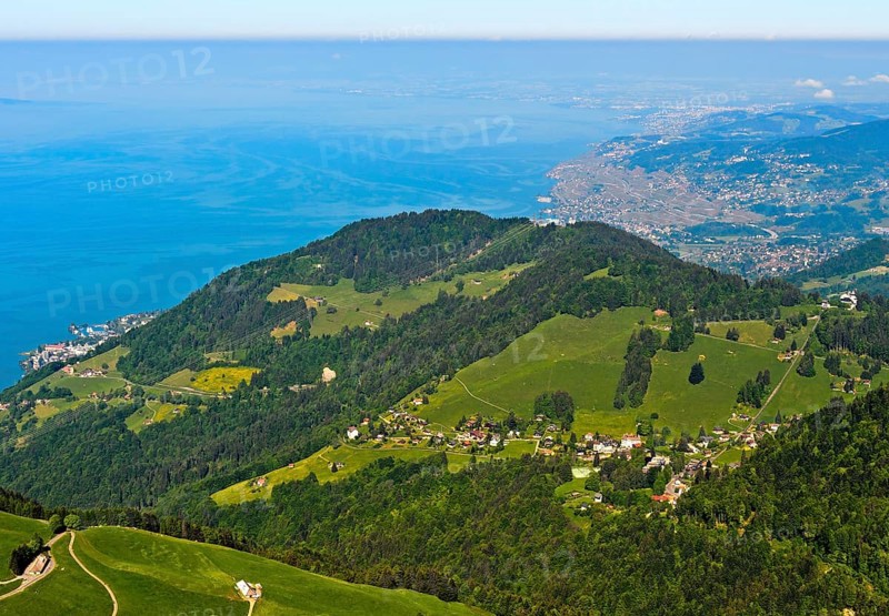 View from Pass Col de Jaman over Les Avants and Lake Geneva near Vevey