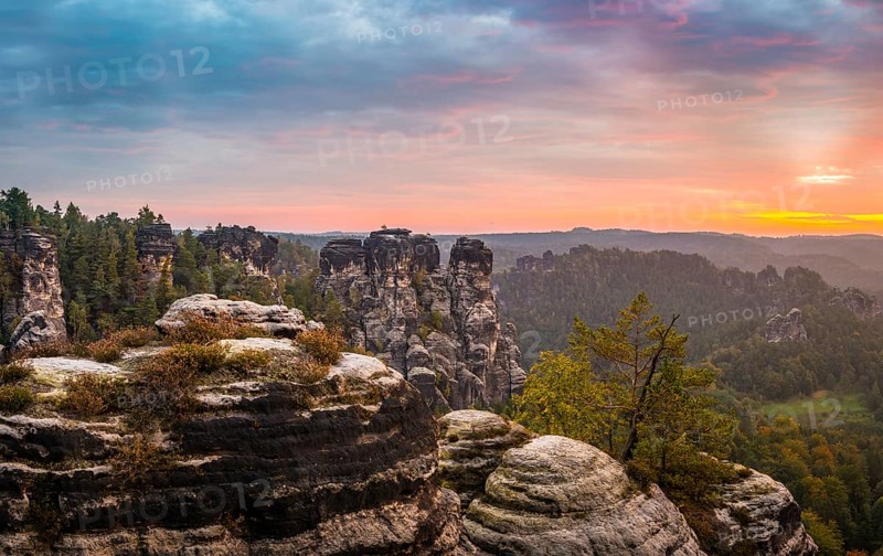 Schrammsteine around the Bastei at sunrise