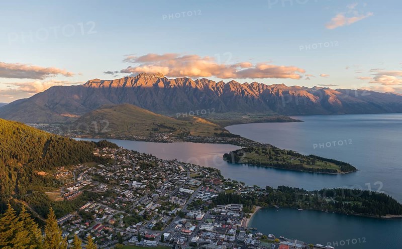 View of Lake Wakatipu and Queenstown at sunset