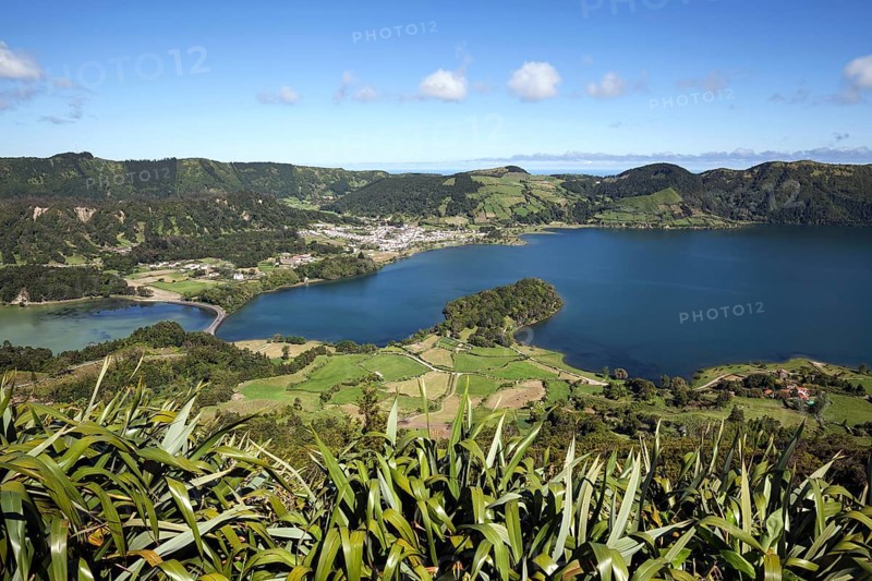 View from Miradouro do Cerrado das Freiras into the volcanic crater Caldera Sete Cidades with the crater lakes Lagoa Verde and Lago Azul