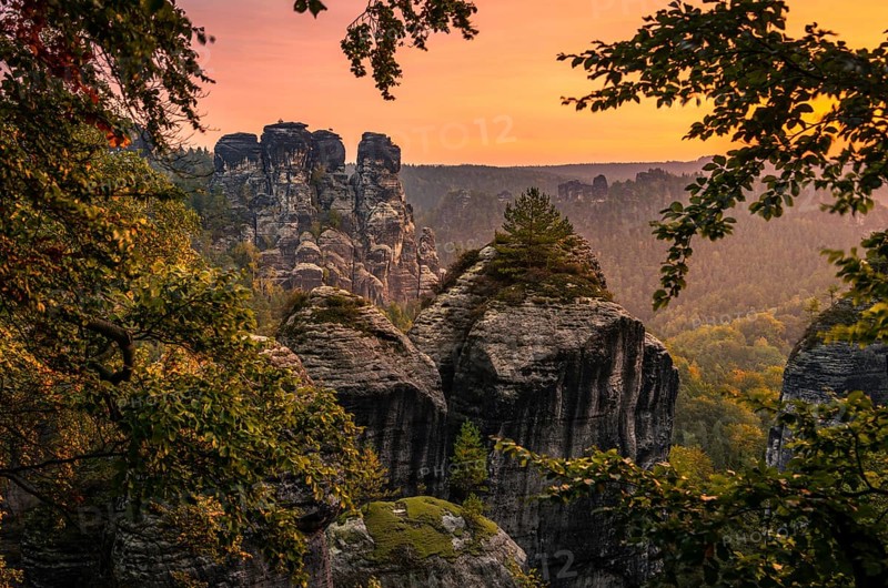 Schrammsteine around the Bastei at sunrise