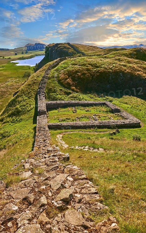 Hadrian's Wall with foundation walls of former watchtower