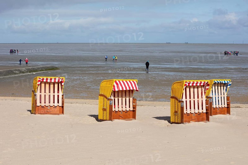 Beach chairs on sandy beach and back mudflat strollers