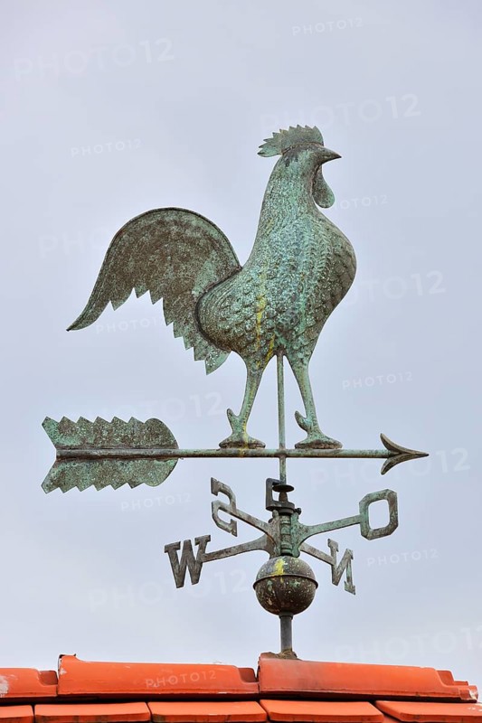 Weathercock with cardinal points on roof