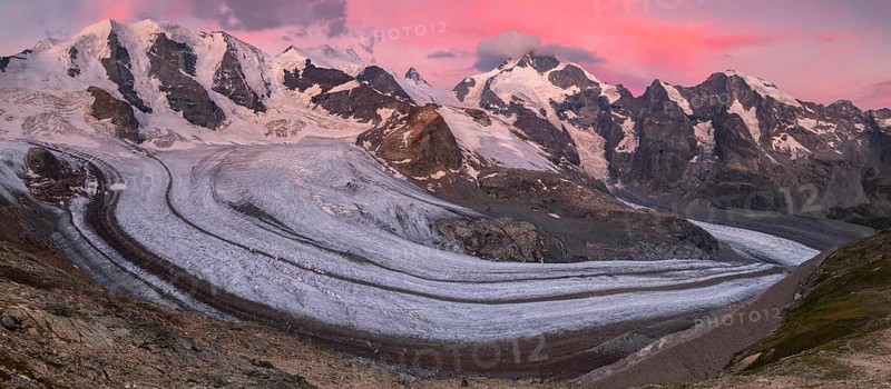 Panoramic view of the Bernina Group at dawn