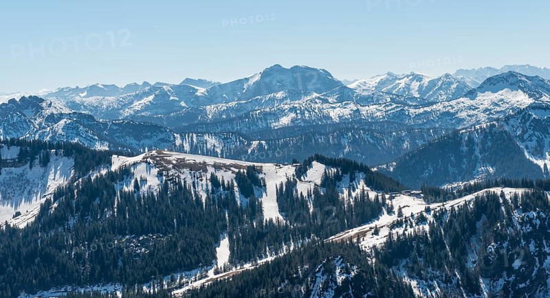 View from the Brecherspitz on pre-Alps with snow