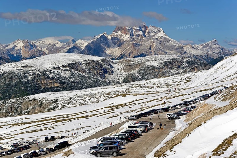 View from the Auronzo hut 2320 m over the toll road below the Three Peaks of Lavaredo to the Hohe Gaisl 3148 m in the Dolomiti di Braies