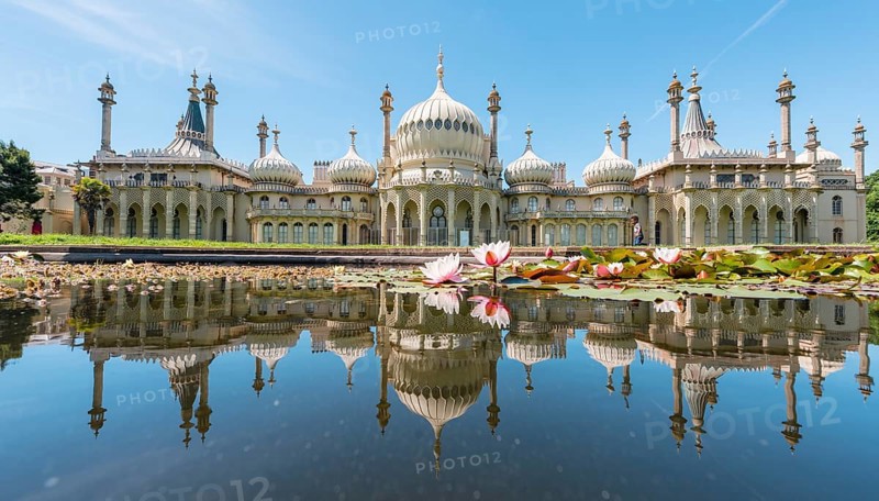 Water lilies in a pond in front of Royal Pavilion Palace