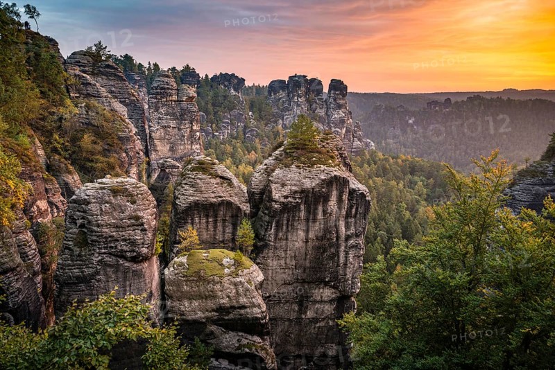 Schrammsteine around the Bastei at sunrise