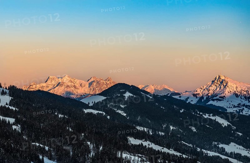 Lofer Mountains and Kitzbuheler Horn at sunrise in winter