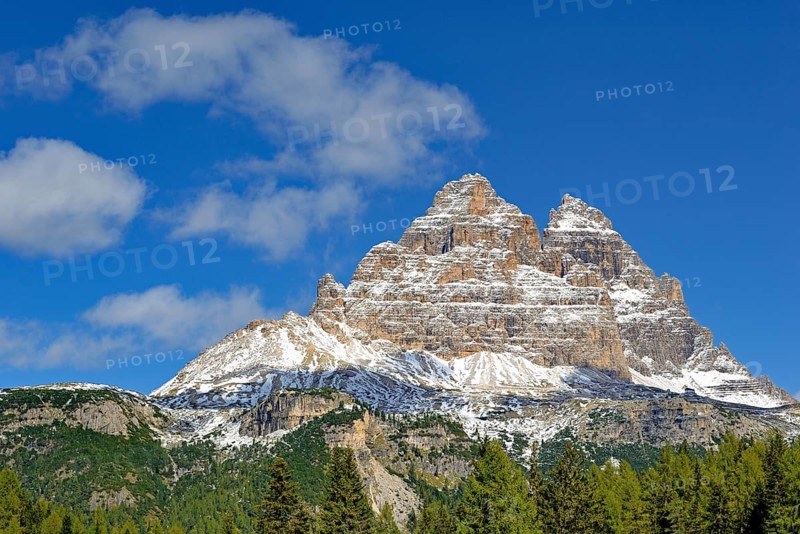 Three Peaks of Lavaredo south walls and Auronzo mountain hut 2320 m