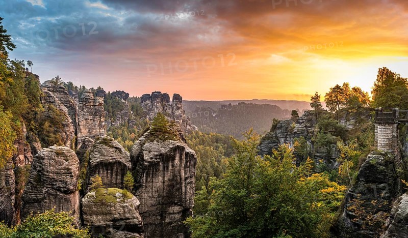 Schrammsteine around the Bastei at sunrise