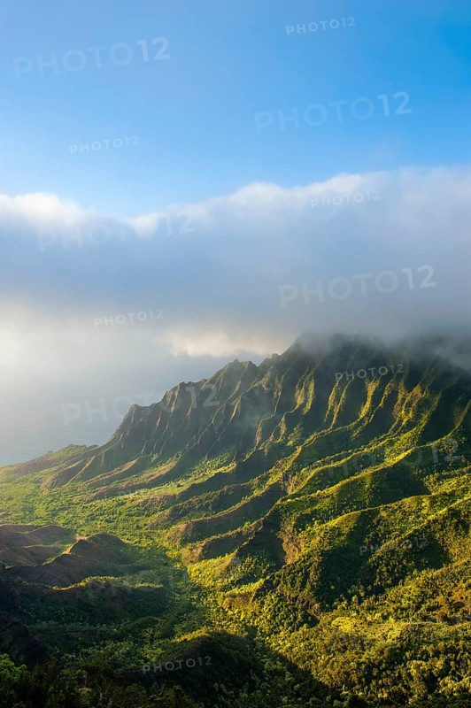 Napali coast with green mountains seen from the Kalalau lookout