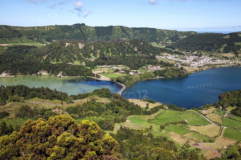 View from Miradouro do Cerrado das Freiras into the volcanic crater Caldera Sete Cidades with the crater lakes Lagoa Verde and Lago Azul