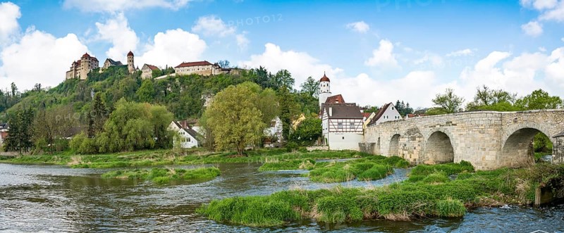 Old town and castle Harburg with bridge over the river Wornitz