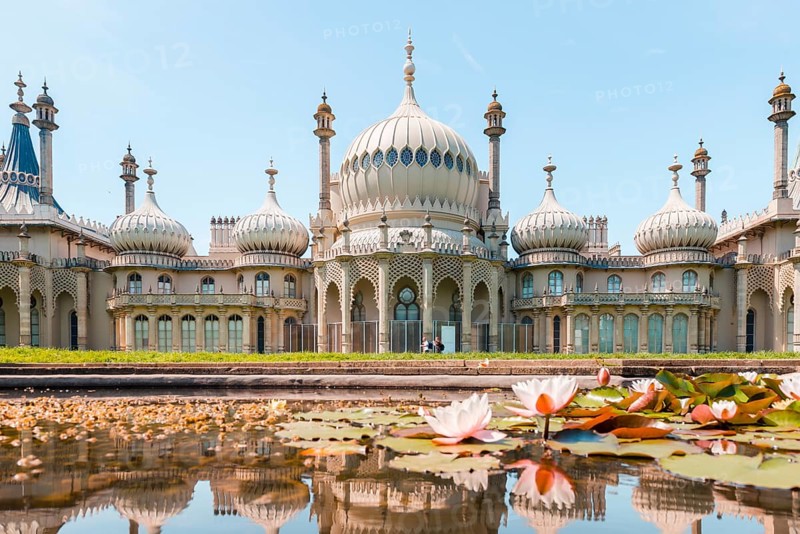 Water lilies in a pond in front of Royal Pavilion Palace