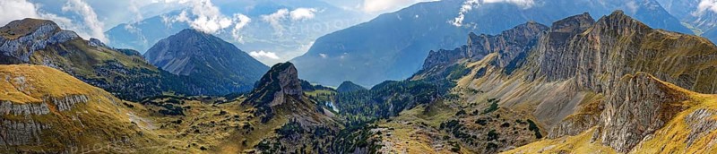 Panorama from Hochiss peak in the Rofan Mountains with Dalfazer Wande