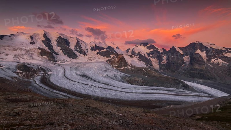 Panoramic view of the Bernina Group at dawn