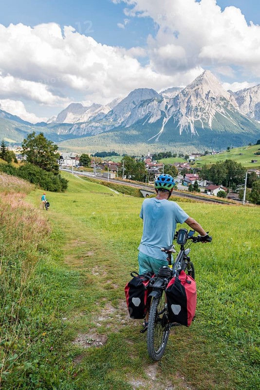 Cyclist on bike tour with mountain bike