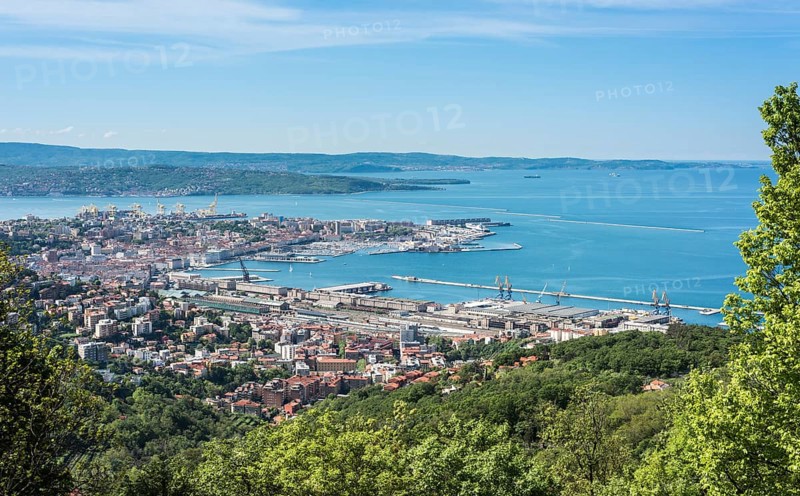 View from the panoramic path Strada Vicentina or Strada Napoleonica at the Karst plateau of the port and Gulf of Trieste