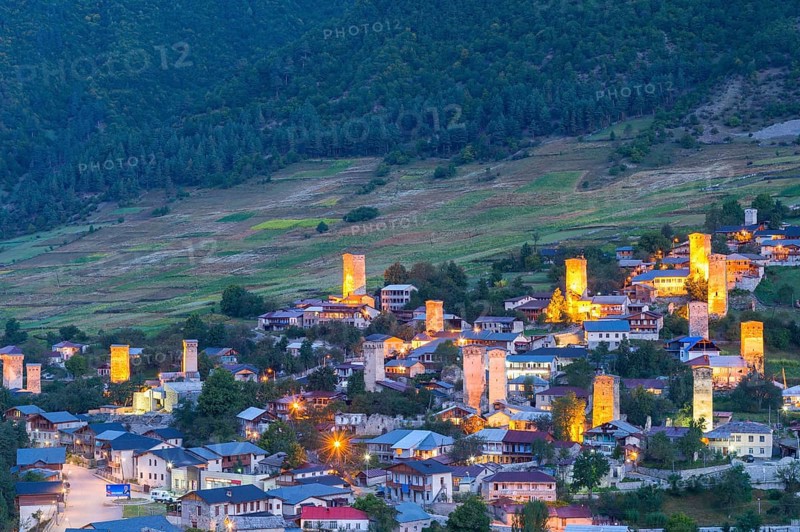 Traditional Svanetian towers at sunset