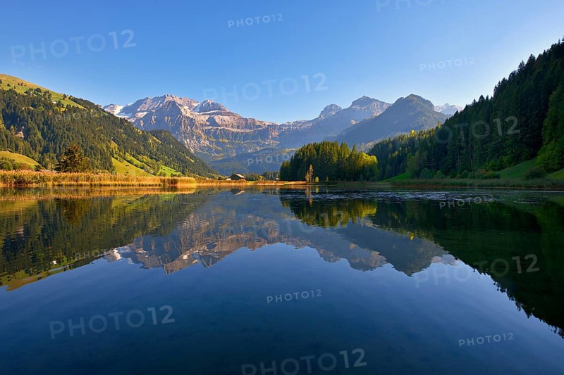 Lake Lenkerseeli with view to the Wildstrubel in the evening light