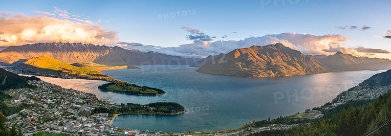 View of Lake Wakatipu and Queenstown at sunset