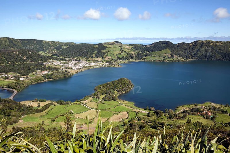 View from Miradouro do Cerrado das Freiras into the volcanic crater Caldera Sete Cidades with the crater lake Lago Azul