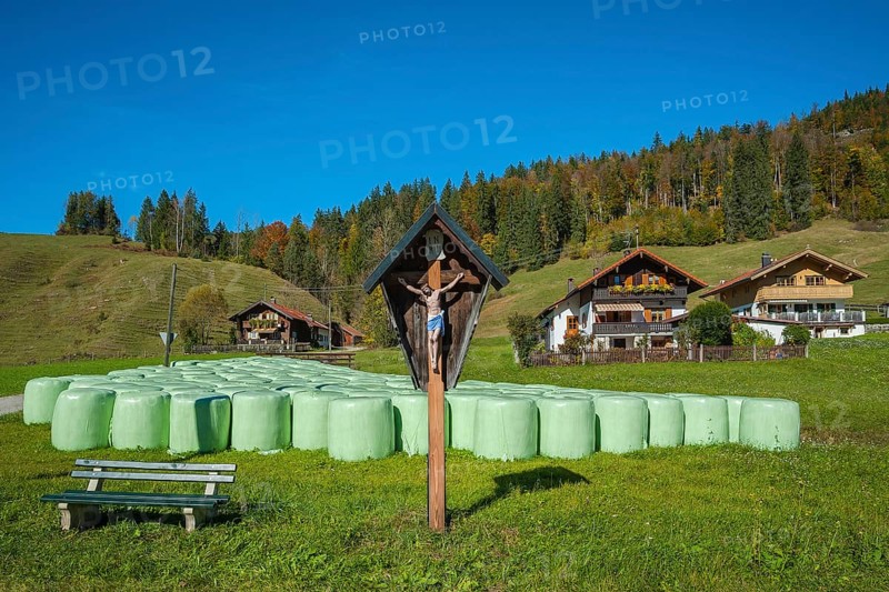 Silo bales in front of farmhouses