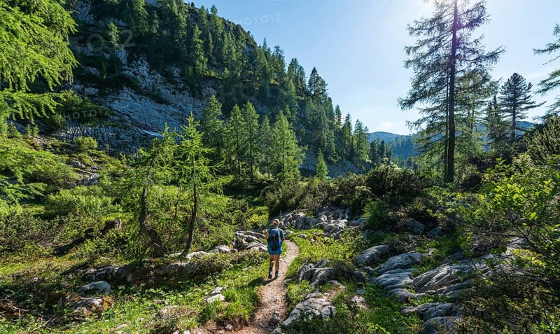 Hiker on footpath to the Karlingerhaus