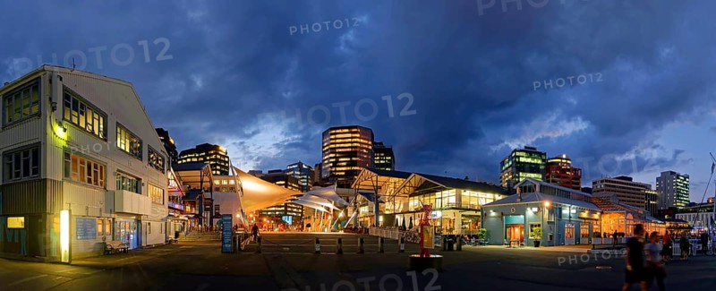 Panorama of Queens Wharf illuminated in the evening
