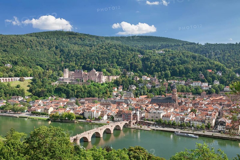 View of historic centre with Karl Theodor Bridge and castle from the Philosopher's Walk in Heidelberg