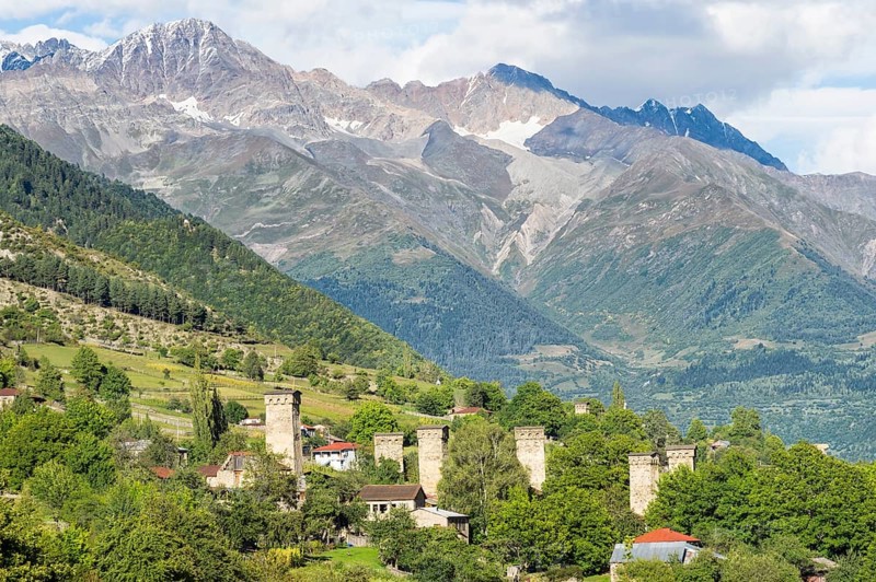 Traditional Svanetian towers in Shkhara Mountains