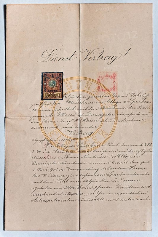 Contract of employment of Sparkassa Elbogen in Sutterlin script from 1902