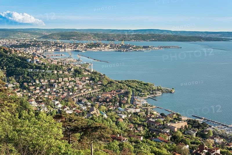 View from the panoramic path Strada Vicentina or Strada Napoleonica at the Karst plateau of the port and Gulf of Trieste