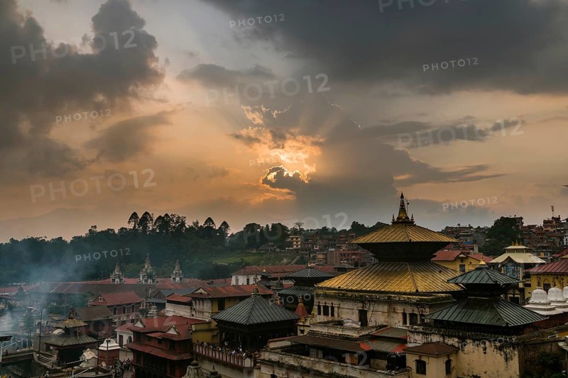 Sunset over the buildings of Pashupatinath temple