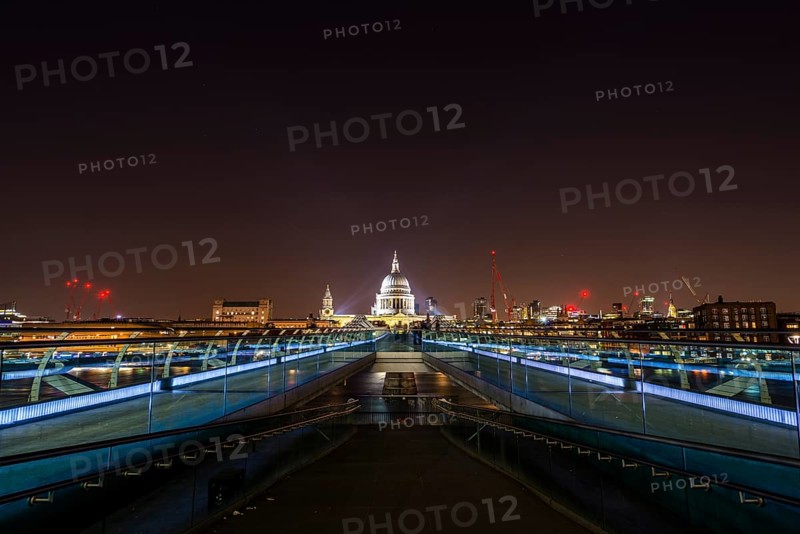 Illuminated Millennium Bridge and St. Paul's Cathedral