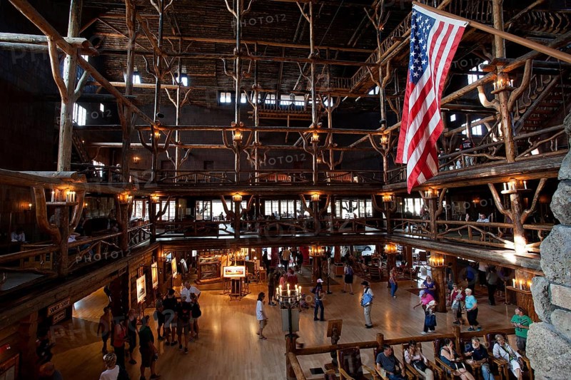 Lobby of Old Faithful Inn Hotel