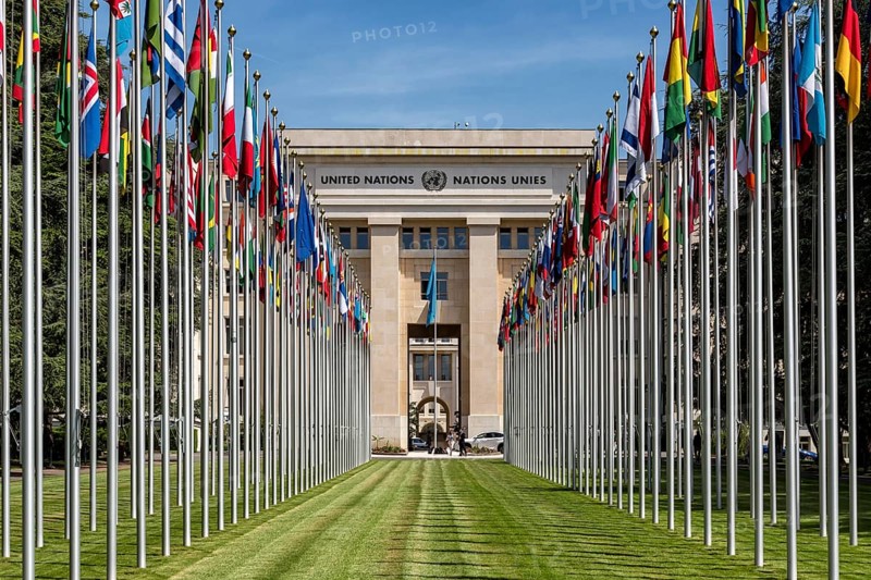 Flags in front of the Palace of Nations