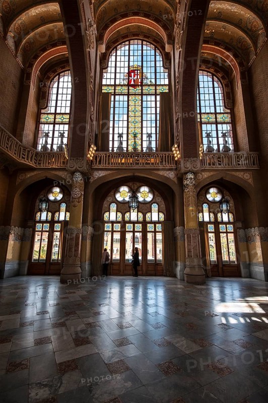 Decorated lead glass windows in the historic hospital complex Hospital de Sant Pau
