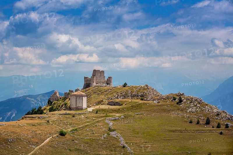 Panoramic view of Gran Sasso mountain with Santa Maria della Pieta and Rocca Calascio