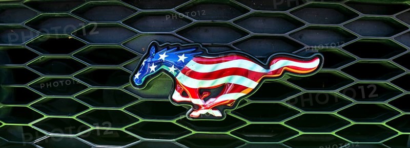 Horse figure in colors of the USA flag on grille of a Ford Mustang car