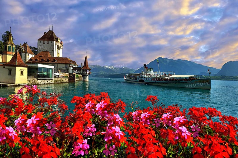 Steam boat with castle Schloss Oberhofen on the Thunersee