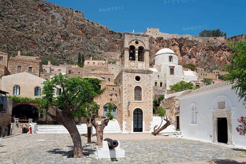 Main square with bell tower of the Byzantine Greek Orthodox church Christos Elkomenos